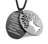 HZMAN Two Piece Serenity Prayer Stainless Steel Pendant Necklace With Cut Out Tree Of Life Pendant Necklace Jewelry Gift (Black)