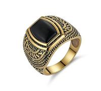 HZMAN Vintage Hammered Texture Signet Ring, Distressed Gold Stainless Steel Wide Band with Square Black Onyx, Durable Retro Gentleman Ring for Office & Street Style Size 6-13, Metal, Cubic Zirconia
