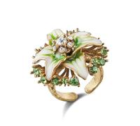 HZMAN Vintage Palace Style Floral Open Ring, Adjustable Antique Brass Chunky Statement Ring with Enamel Art, Handmade Jewelry for Women, Metal, Rhinestone