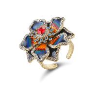 HZMAN Vintage Palace Style Floral Open Ring, Adjustable Antique Brass Chunky Statement Ring with Enamel Art, Handmade Jewelry for Women, Metal, Rhinestone