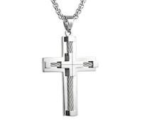 HZMAN Wire Inlay Cross Necklace for Men Women, Stainless Steel Polished Religious Pendant with 26 Inch Link Chain, Modern Industrial Faith Jewelry Gift