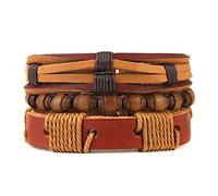 HZMAN Wrap Bracelets Men Women, Hemp Cords Wood Beads Ethnic Tribal Bracelets, Leather Wristbands, 15 cm, Leather, not