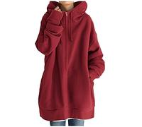HZMM Casual Jackets for Women Coat Fashion Loose Solid Color Streetwear Pocket Full Zipper Drawstring Long-Sleeved Hoodie Sweatshirt Women Winter Fleece Jackets with Hoods Red, 5XL