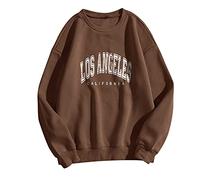 HZMM Casual Ladies LOS ANGELES Hoodie Sweatshirt Top Spring Letter Printed Loose Crew Neck Tunic Blouses Tops for Women Winter Long Sleeve Oversized Streetwear Brown, XL