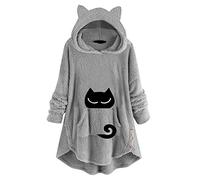 HZMM Casual Plain Crewneck Cotton Long Sleeve Tops Tee Women Fashion Pocket Cat Ear Hoodie Fleece Sweater Button Cute Printing Long Sleeves Top Blouse Sweatshirt Tops Long Sleeve Kawaii Coats Grey, M