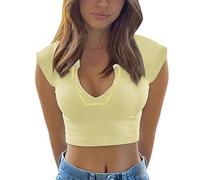 HZMM Fitted Cropped Top Womens Summer V Neck Short Sleeve Racer Back Tank Tops Sexy Sport Crop Top Ladies Cute Tops Teens Yellow