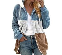 HZMM Fleece Sweatshirt Women Long Sleeve Tops Coats Women's Casual Color Block Plush Sweatshirt Zipper Hoodie Loose Winter Blouse Warm Coat Casual Ladies Thicken Blouses Tops Khaki, L