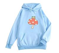 HZMM Long Sleeve Tunic Sweatshirt Womens Cute Frog Printed Drawstring Hoodie Pullover Tops Autumn and Winter Mushroom Pattern Street Tops with Pockets for Ladies Sky Blue