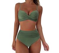 HZMM Summer Bikini Women Twist High Waisted Bikini Sexy Push Up Two Piece Swimsuits Vintage Swimsuit Retro Halter Ruched Leopard Floral Printed Bikini Set Board Shorts Women Plus Size, L