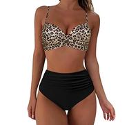 HZMM Summer Bikini Women Twist High Waisted Bikini Sexy Push Up Two Piece Swimsuits Vintage Swimsuit Retro Halter Ruched Leopard Floral Printed Bikini Set Board Shorts Women Plus Size Coffee