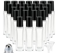 Hzmssore 25 Pcs 10 ml Roller Bottles for Essential Oils, Square Thick Empty Glass Roller Bottles with Stainless Steel Roller Balls Protection Leakproof with 2 Funnel for Travel, Black