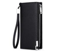 Hzomif Men's Leather RFID Blocking Long Bifold Wallet with Strap | RFID-blocking genuine leather wallet, slim bifold, zippered clutch with wrist strap,(Carbon Fibre Black)