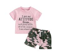 HZPHQY Baby Girls Letter Print Short Sleeve T-Shirt Tops Camouflage Pattern Shorts Toddler Infant Girl Summer 2 Pcs Outfit Clothes I Get My Attitude 6-12 Months