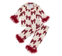 HZPHQY Kids Toddler Girls Silk Pyjamas Sets Bow Print Long Sleeve Feather Shirts Pants 2 Piece Pyjama Nightwear Sleepwear Pajamas Pajama Pjs Pj (A Red Bow, 3-4 Years)