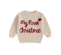 HZPHQY My First Christmas Baby Boy Girl Outfit Embroidery Xmas Jumper Newborn Infant Autumn Winter Sweater (A Milky White My First Christmas, 0-3 Months)