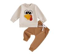 HZPHQY Newborn Baby Boys Thanksgiving Outfit Embroidery Turkey Print Sweatshirt Top Pants Set Toddler Infant Fall Winter Clothes (A Khaki Turkey, 18-24 Months)