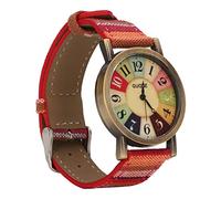 Hztyyier Boho Women's Multicolor Bohemian Style Brass Button Battery Watch for Boho Lovers PU Leather (Red)