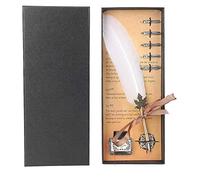 Hztyyier Quill Feather Pen Set Retro Metal Calligraphy Dip Pen Kit with 5x Stainless Steel Nibs and Packing Box(White) School Supplies