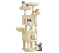 Hzuaneri 159 cm Cat Tree for Indoor Cats, Cat Tower, Multi-Level Cats Condo with 8 Scratching Posts, 3 Platforms, 2 Caves, Basket, Plush Balls, Sisal Rope, Anti-Tip Kit, Beige MS15918YL