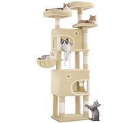 Hzuaneri 180 cm Cat Tree for Indoor Cats, Cat Tower, Multi-Level Cats Condo with 8 Scratching Posts, 3 Platforms, 2 Caves, Basket, Plush Balls, Sisal Rope, Anti-Tip Kit, Beige MS18018YL