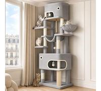 Hzuaneri 203 cm Cat Tree for Indoor, Multi-Layer Scratching Post,Light Grey | Large Platform, 2 Caves, 7 Sisal Posts, Pompoms, Cat Basket, Hammock, MS20318LG
