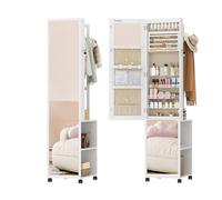 Hzuaneri 8 LEDs Mirror Jewelry Cabinet Armoire, Jewelry Organizer with Garment Rack, Lockable Full-Length Mirror with 4 Wheels, Storage Shelves with Hooks, 5-in-1, White and Beige JC17003BE