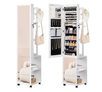 Hzuaneri 8 LEDs Mirror Jewelry Cabinet, Jewelry Storage Organizer with Garment Rack, Lockable Full-Length Mirror with 4 Wheels, Storage Shelves with Hooks, 5-in-1, White and Black JC17003B