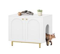 Hzuaneri Cat Litter Box Enclosure, Hidden Litter Box Furniture with Double Doors, Wooden Pet House Side End Table, Tall Legs, 80 x 55 x 70 cm, Living Room, Bedroom, White and Gold CB85003G
