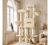 Hzuaneri Cat Tree, 176 cm XL Large Cat Tree for Maine Coon, Tall Cat Tower for Large Cats with 9 Scratching Posts, Widened Baseboard Condo, 2 Platforms, 2 Hammocks, 2 Baskets, Beige MS17218YL
