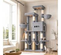 Hzuaneri Cat Tree, 176 cm XL Large Cat Tree for Maine Coon, Tall Cat Tower for Large Cats with 9 Scratching Posts, Widened Baseboard Condo, 2 Platforms, 2 Hammocks, 2 Baskets, Light Gray MS17218LG