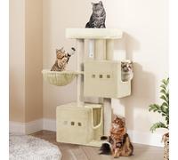 Hzuaneri Cat Tree, 98 cm Tower, Sisal Scratching Post, Cats Tower for Indoor, Multi-Level Stable Cat Tree with Cats House, 2 Caves, Pompoms, Beige MS10018YLV1