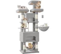 Hzuaneri Cat Tree for Indoor Cats, 176cm Large Cat Tower, Multi-layer Scratching Post with 3 Platforms, 2 Caves, 7 Sisal Posts, Hammock, Pompoms, Heavy-Duty for Multi-Cat Homes Light Grey MS17618LG