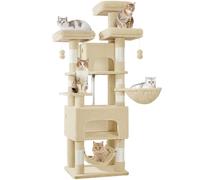 Hzuaneri Cat Tree for Indoor Cats, 176cm Large Cat Tower, Multi-layer Scratching Post with 3 Platforms, 2 Caves, 7 Sisal Posts, Hammock, Pompoms, Heavy-Duty for Multi-Cat Homes Beige MS17618YL