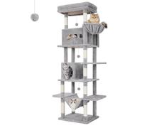 Hzuaneri Cat Tree for Indoor Cats, 210 cm Large Tall Cat Tower, Multi-Level Cats House with Condo, 8 Scratching Posts, Hammock, 4 Pom Poms, Light Grey MS21018LG