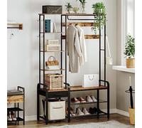Hzuaneri Coat Rack with Shoe Storage, Coat and Shoe Rack with 3-Tier Storage Bench and Drawer, 5-in-1 Hall Tree with 17 Hooks, Side Book Shelves for Bedroom, Hallway Living Room Rustic Brown HT03501B