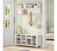 Hzuaneri Coat Rack with Shoe Storage, Hall Tree with Bench, White | Coat Stand with 14 Open Compartments for Hallway, Adjustable Shelves, 13 Hooks, Top Storage for Living Room,HT17913W
