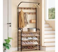 Hzuaneri Coat Stand, Coat Rack with Shoe Storage, Rustic Brown | Adjustable Shelves, FreeStanding Metal Coat Hall Tree with 9 Hooks, 5 Shelves for Hallway, Living Room, Bedroom, HT19001B