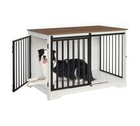 Hzuaneri Dog Crate Furniture, 100 cm Double Door Wooden Dog Crate with Barn Door, Indoor Kennel, End Side Table Animal Crates for Small Medium Large Dogs, Anti-Chew Anti-Escape, White Brown DFC02314B