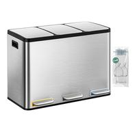 Hzuaneri Kitchen Bin, 3 x 15 L Recycling Bins for Kitchen, Colored Pedal Bin with Lid, Removable Inner Buckets, Stainless Steel Rubbish Bins for Recycling and Waste, for Kitchens, Silver SW04599E