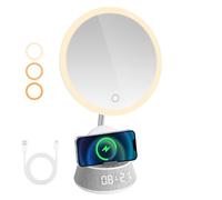 hzuisst Make Up Mirror with Lighting, 8'' 6-in-1 Vanity Makeup Mirror with Light, Wireless Charger, Bluetooth Speaker, FM Radio, White Noice, Clock Display, 3 Colours & Stepless Dimming Desk Mirrors
