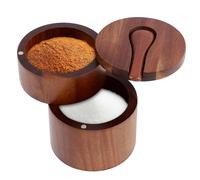 HZUIZXYO 2 Layers Acacia Wood Salt Cellar Bowl with Built in Spoon and Magnetic Swivel Lid Salt Cellar Dustproof Salt and Pepper Storage Box for Salt Spice & Herbs Storage