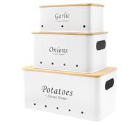 HZUIZXYO 3Pcs Vegetable Storage Tins, Onion Garlic Potato Storage Box Set Carbon Vegetable Fresh Keeper Caddy with Wood Lid and Vent Hole Multipurpose Vegetable Keeper Containers (White)