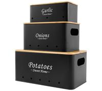 HZUIZXYO 3Pcs Vegetable Storage Tins, Onion Garlic Potato Storage Box Set Carbon Vegetable Fresh Keeper Caddy with Wood Lid and Vent Hole Multipurpose Vegetable Keeper Containers (Black)