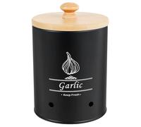 HZUIZXYO Vegetable Storage Tins, Garlic Keeper Fresh Keeping Versatile Garlic Holder Garlic Storage Box with Wood Lid and Vent Garlic Storage Container Large Capacity Saver for Kitchens (Black)