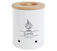 HZUIZXYO Vegetable Storage Tins, Garlic Keeper Fresh Keeping Versatile Garlic Holder Garlic Storage Box with Wood Lid and Vent Garlic Storage Container Large Capacity Saver for Kitchens (White)