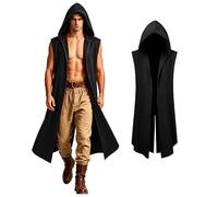 HZVRTN Medieval Cloak Renaissance Hooded Surcoat Retro Open Front Sleeveless Cape for Halloween Cosplay Theme Party (Black, M)