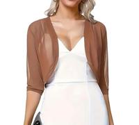 HZWMQDLF Bolero Shrug for Women Women's Bolero Shrug 3/4 Sleeve Cropped Cardigan Summer Lightweight Chiffon Jacket for Dresses Evening Ladies Soft Open Front Shawl Cover Up Dark Brown M