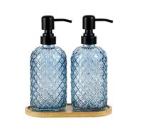 Hzxcuim 12Oz Glass Soap Dispenser with 304 Black Rustproof Stainless-Steel Pump, Refillable Glass Soap Dispenser for Kitchen, Bathroom, Farmhouse (Blue-2pack& Tray)