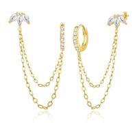 HZYKDWD Chain Earrings for Women - 925 Sterling Silver Gold Plated Trinity Cubic Zirconia Stud Double Piercing Dangle Chain Huggie Hoop Earring Jewelry Gifts for Women