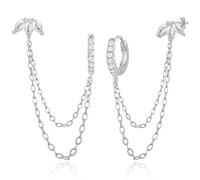 HZYKDWD Chain Earrings for Women - 925 Sterling Silver Gold Plated Trinity Cubic Zirconia Stud Double Piercing Dangle Chain Huggie Hoop Earring Jewelry Gifts for Women